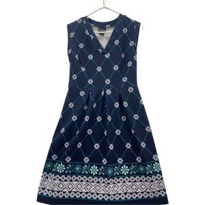 Enfocus Studio Womens Size 8 Blue Print Sleeveless Midi Pullover V Neck Dress